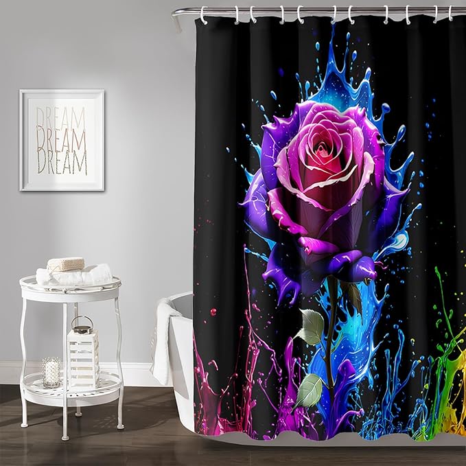 AILONEN Purple Rose Flower Shower Curtain for Bathroom,Splash-Ink Rose Bath Curtain for Kids Girls Women,Romantic Minimalism Curtain Waterproof with 12 Plastic Hooks, 72" W*78" H
