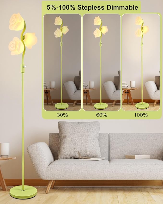 Dimmable Green Floor Lamp, Unique Cute Flower Standing Lamps with 3 Globe Soft Warm White 3000K Bulbs, Mid Century Modern Floor Lamp for Living Room Bedroom Home Decor