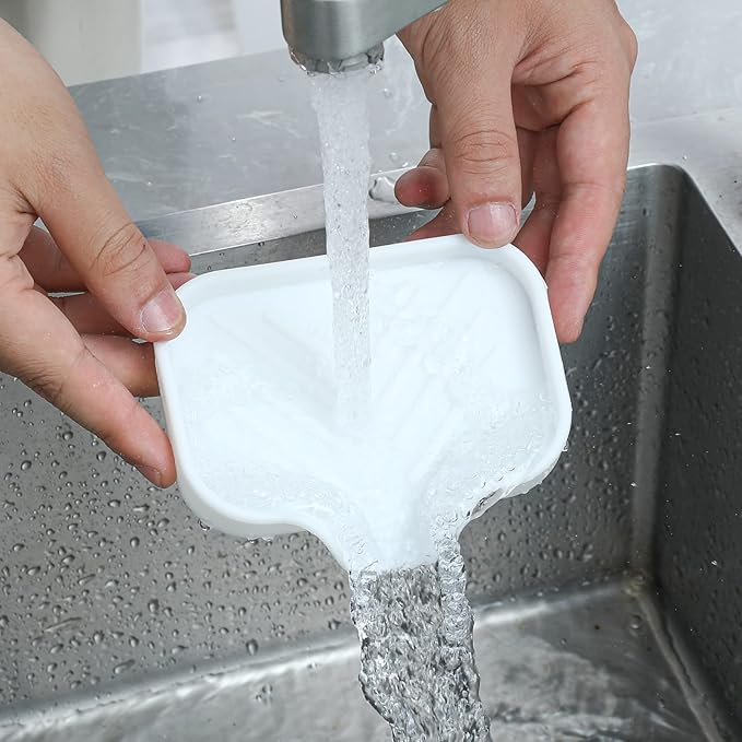 Silicone Bathroom Soap Dishes with Drain Spout-Bathroom and Kitchen Sink Organizer,Sponge Holder,Dish Soap Tray,Perfect for Dispenser,Scrubber,Bottle,Cup on Sink or Counter-White 4.9"×3.2"