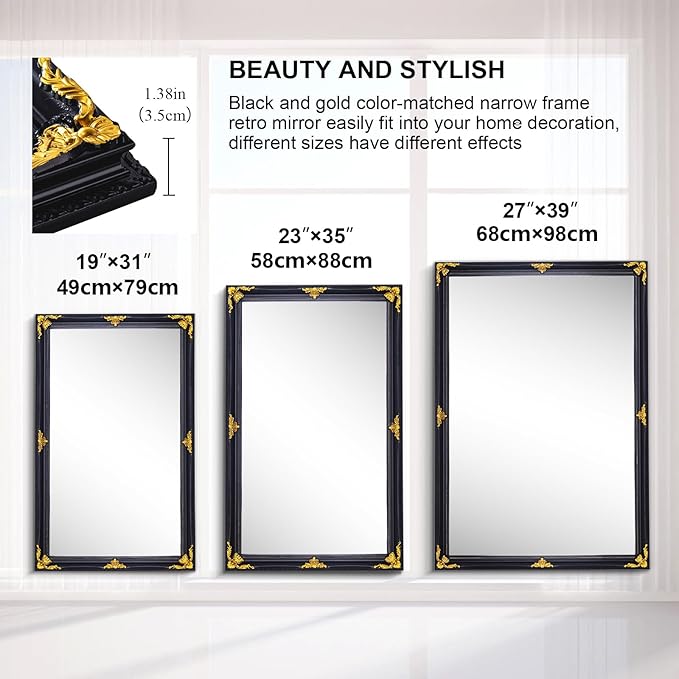 Vintage Mirror Wall Decor, 31" x 19" Black and Gold Decorative Antique Mirror with Ornate Baroque Wood Frame for Bathroom, Entryway, Living Room Over Couch