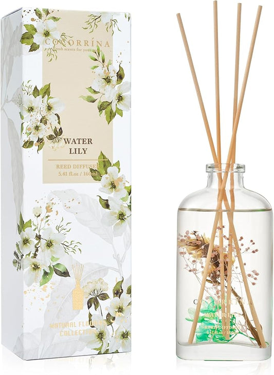 COCORRÍNA Reed Diffuser - Water Lily 5.41 oz Flower Reed Diffuser Set with Sticks, Bedroom Bathroom Shelf Decor (Scented Blooms Collection)