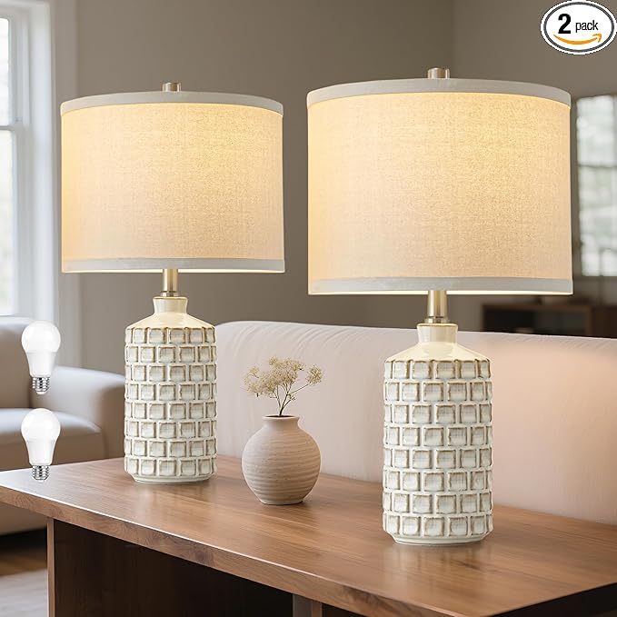 Luvkczc Vintage Farmhouse Table Lamp Set of 2, Grid Nightstand Lamp with Eye-Protecting Fabric Shade, 3-Color Temperature&2 Bulbs - Rustic Table Lamp Lamps for Living Room Bedroom Decor (21")