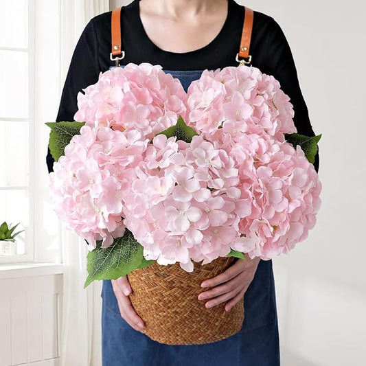 Light Pink Flowers Silk Artificial Hydrangeas, 5Pcs 20Inch Lifelike Boho Large Flowers with Stems, Artificial Flowers for Wedding Bouquet Table Centerpieces Home