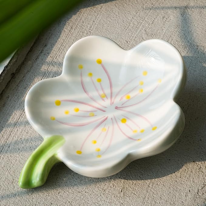 Ceramic Soap Dish Holder for Bathroom, Flower Bar Holder for Shower, Easy Cleaning Saver Tray Decoration for Bathroom, Sinks, Kitchen (White)
