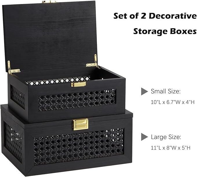 2PCS Decorative Rattan Storage Boxes Solid Wood Baskets Bins with Lid Keepsake Memory Jewelry Box Natural Boho Shelf Wicker Closet Desk Organizer Container (Black, 1 Large 1 Small)