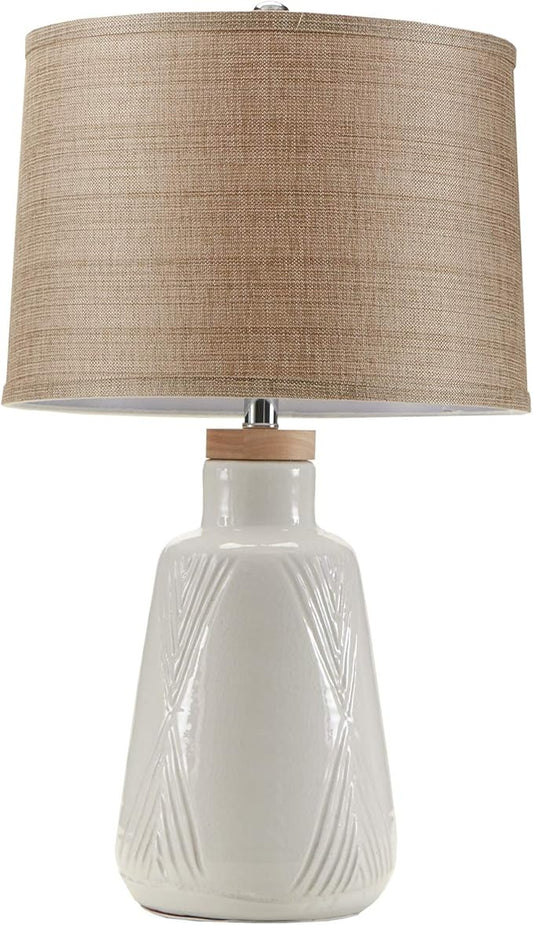 Hampton Hill Tate Ivory White Unique Modern Table Lamp, Contemporary Round Ceramic Wood Desk Light, 15" Dia x 24.5" H, Ivory