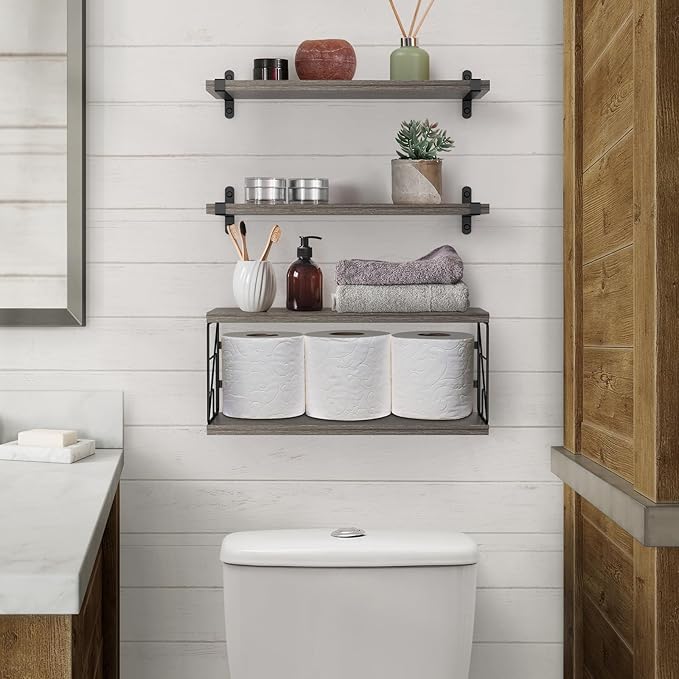 B4Life Floating Shelves Wall Mounted Bathroom Rustic Over Toilet Shelves with Toilet Paper Basket, Farmhouse Floating Shelf for Bedroom, Living Room, Kitchen, Wall Decoration