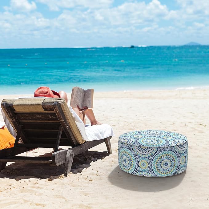 LVTXIII Inflatable Stool Ottoman Footrest with Handle, All Weather Foot Rest, Indoor or Outdoor Use for Home Patio Garden and Camping, D21 x H9, Delancey Lagoon