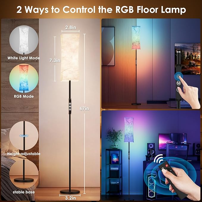 RGB Corner Floor Lamp - 67” Modern Tall Standing LED Light with Remote Touch Switch - 1800K-5500K Ambiance Color Changing Dimmable Floor Lamps for Living Room Bedroom Office Gaming Room New