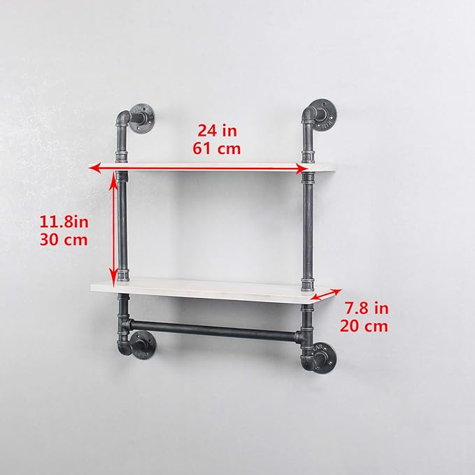 Iron Pipe Shelves, 2 Tier Industrial Bathroom Shelves with Towel Bar, Rustic Metal Pipe Wall Shelf, 24in - Retro White
