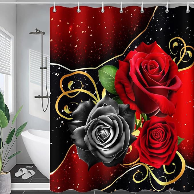 AILONEN Romantic Red Rose Flower Shower Curtain,Red and Black Floral Bath Curtain,Modern Flower Waterproof Curtain for Bathroom Decor, 60" W x 72" H
