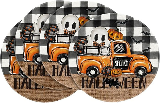 Artoid Mode Ghost Truck Halloween Round Placemats Set of 4, 14 Inch Holiday Bat Round Table Mats for Party Kitchen Dining Decoration