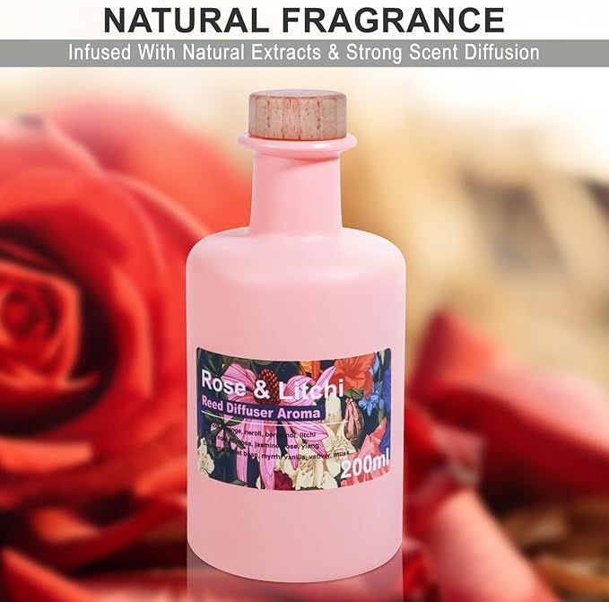 Reed Diffuser Set - Rose & Litchi Essential Oil, 6.8fl oz/200ml Sweet Floral Aroma Scented Oil, Large Capacity Color Bottle, Home Aromatherapy for Bedroom Bathroom Office Shelf Decor
