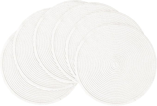 Floroom 15 Inch Round Braided Placemats Set of 6, Washable Heat Resistant Cotton Polyester Circle Place Mats for Kitchen Dining Table - White