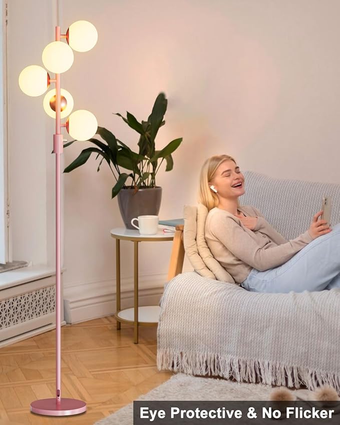 64IN Dimmable Pink Floor Lamp, Tall Standing Lamps with 5 Globe Soft Warm White Eye Care 3000K G9 Bulbs, Mid Century Modern Floor Lamp for Living Room Bedroom Office