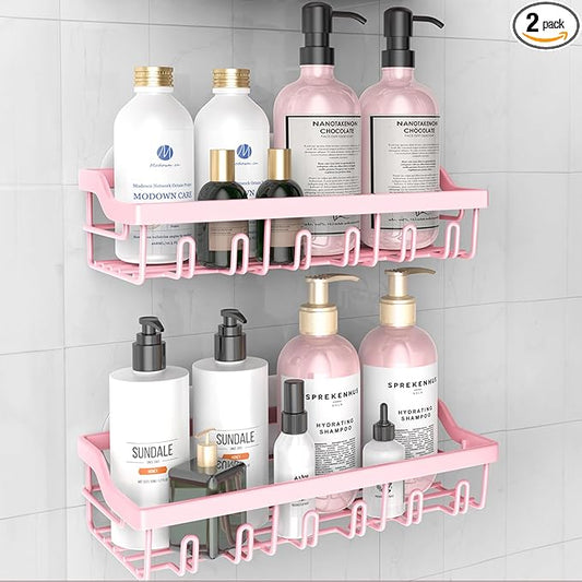 2 Pack Adhesive Shower Caddy, Rustproof Stainless Steel Shower Racks for Bathroom Organizers & Storage, Pink Wall Mounted Shower Shelves for Inside Shower Apartment Bathroom Essentials