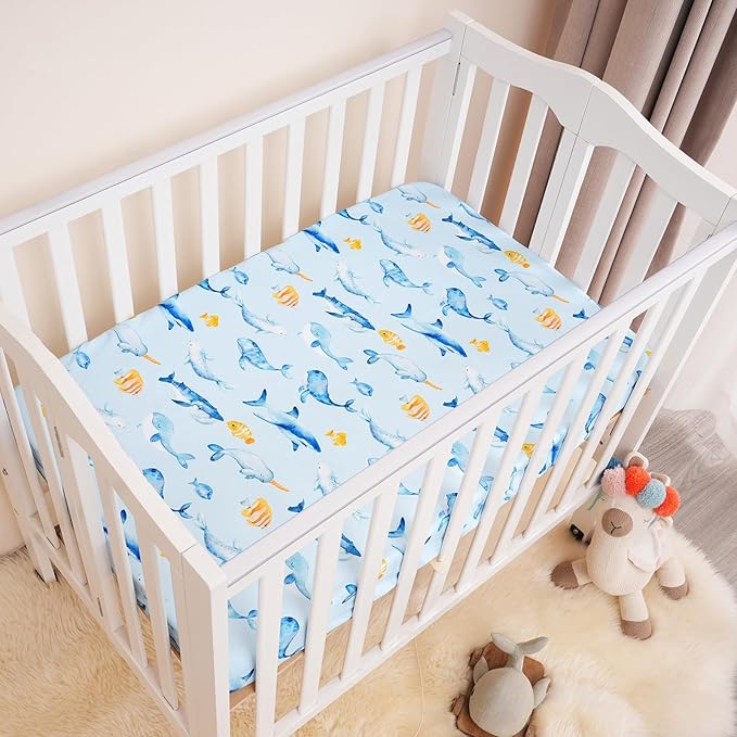 3 Pack Mini Crib Sheets, Premium Pack N Play Sheets for Boys Girls Neutral, Soft Breathable Baby Sheets Fit Pack N Play, Playard and Mini Crib Mattresses, Whale