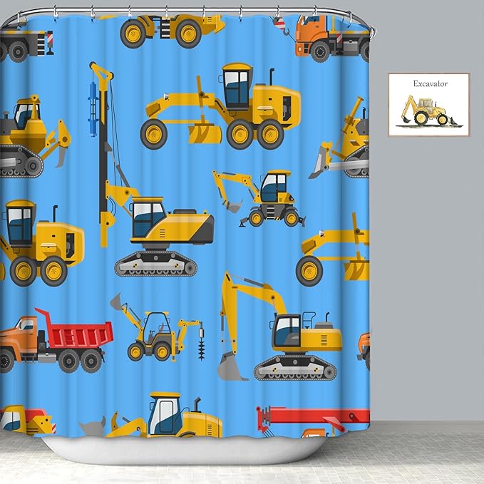 Construction Vehicles Shower Curtain for Kids Yellow Truck Excavator Tractor Cars Blue Boys Bathroom Curtain Waterproof Polyester Fabric Bath Curtain 72 x 72 Inch with 12 Plastic Hooks