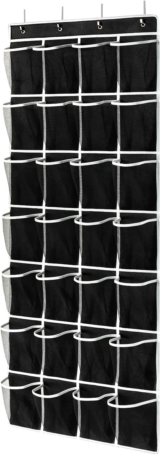 28 Pockets Over the Door Shoe Organzier, Hanging Shoe Organizer for Door Large Capacity Shoe Storage Bag with 4 Metal Hooks (Black-1Pack)