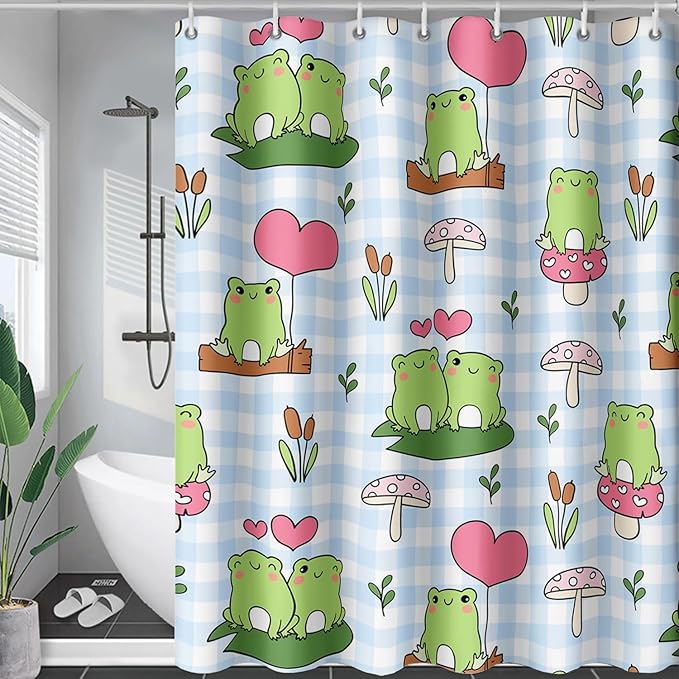 AILONEN Kawaii Frog Shower Curtain,Cute Cartoon Mushroom Frog Bath Curtain,Romantic Frog Couple Hearts Printed Waterproof Blue Stripe Curtain, 36" W x 72" H