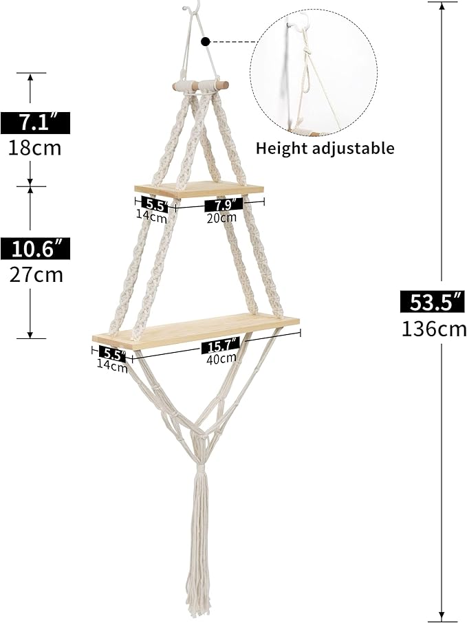 Afuly Hanging Shelves 2 Tiers Macrame Floating Shelf Wall Mounted, Boho Shelf Rack with Pine Wood Handmade Woven Rope for Bathroom Bedroom Living Room Plants Storage Home Decor, with Basket
