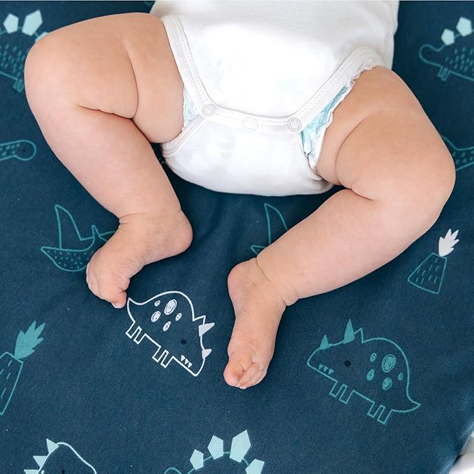 Bassinet Sheet, 100% Cotton Knitted Jersey, Fit Bassinet Crib Mattresses, Fitted Crib Sheets, Super Soft, Toddler Fitted Sheet, Unisex,2 Pack,Dino/Denim Blue, 17x32x4