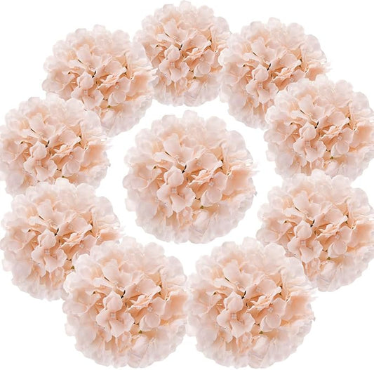 Flojery Silk Hydrangea Heads Artificial Flowers Heads with Stems for Home Wedding Decor,Pack of 10 (Blush)