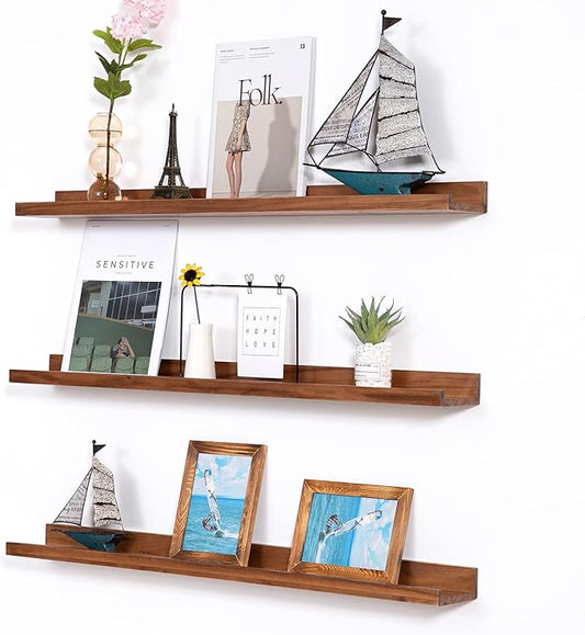 MBYD 36 Inch Photo Picture Ledge Shelf, Light Walnut Floating Wall Nursery Book Shelves Floating Bookshelf for Kids Bedroom Bathroom Kitchen Home Decoration, Set of 3