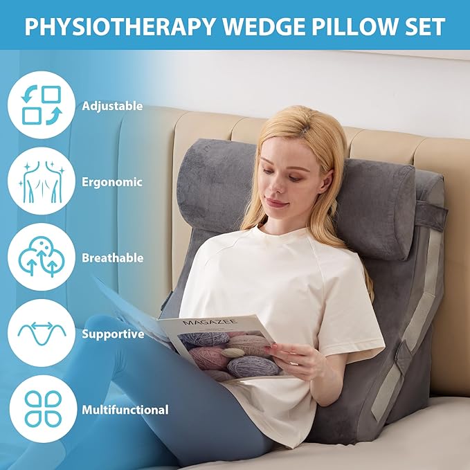 3PCS Bed Wedge Pillow for Sleeping, Adjustable Memory Foam Wedge Pillow for Back Leg Pain Relief, 23” Wide Triangle Pillow Wedge for Post Surgery, Acid Reflux, GERD & Snoring, Grey