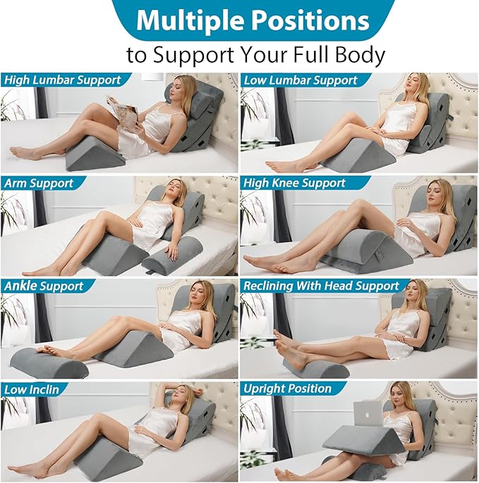 4pcs Wedge Pillow Headboard Set. Comfortable Sleep and Rest Relieves Back and Leg Pain, Aids in Acid and Gastro-Oesophageal Reflux Relief, Reduces Snoring - Grey