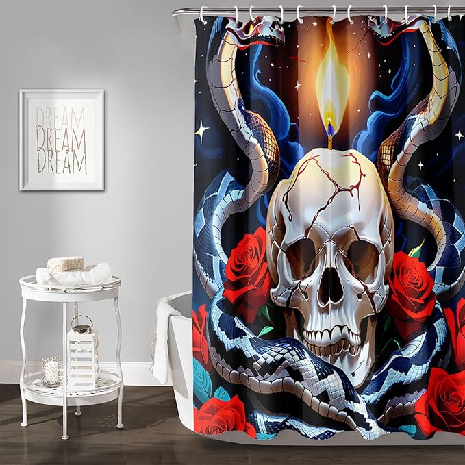 AILONEN Skull Shower Curtain for Bathroom,Red Rose Terror Snake Skull Bath Curtain,Goth Skull Skeleton Print Waterproof Curtain with 12 Plastic Hooks, 48" W*72" H