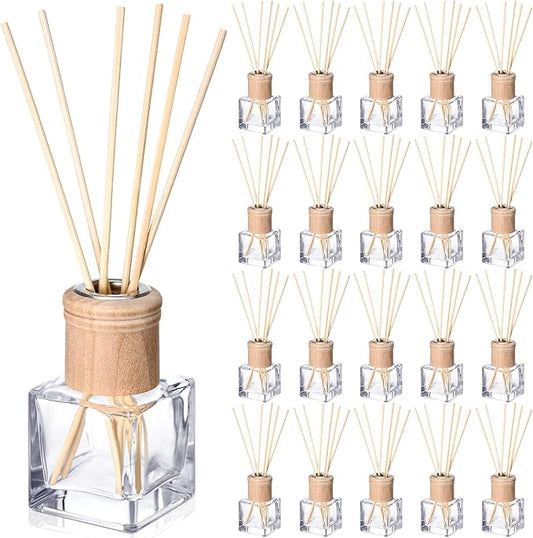 Roshtia 20 Set Reed Diffuser Bottle Empty Fragrance Glass Diffuser Bottles Refillable Diffuser Bottles Set with Wooden Caps and Rattan Sticks 50ml 1.7 Oz Diffuser Glass Jars for DIY Fragrance (Square)