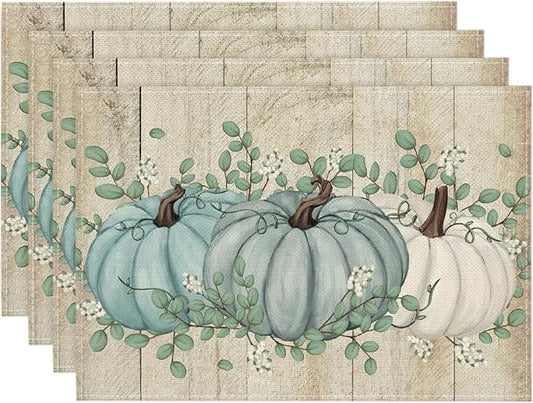 Artoid Mode Wood Pumpkins Harvest Vintage Fall Placemats Set of 4, 12x18 Inch Eucalyptus Leaves Autumn Thanksgiving Table Mat for Party Dining Decoration