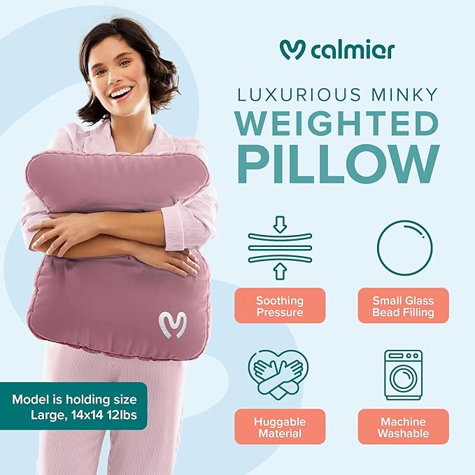 Calmier - 6 lb Sensory Weighted Pillow - Glass Bead Filled Hug Pillow - Ultra Plush Cozy Weighted Pillows for Adults and Kids - Child Sensory Pillow - Weighted Lap Pad (Pink - Minky, 6 LBS)