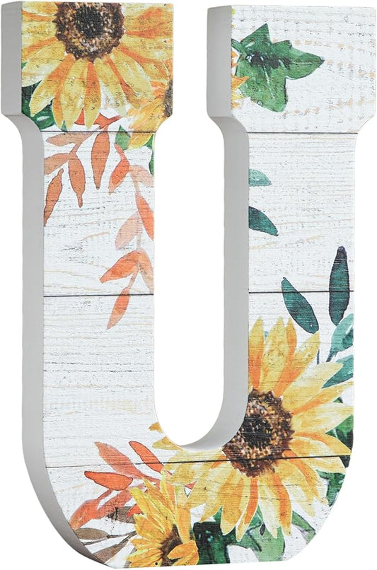 COLLECTIVE HOME - 10" Wood Lettes for Wall Decor, Sunflower Tabletop Alphabet Decoration, DIY Farmhouse Decor, Rustic Freestanding Monogram Block (U)