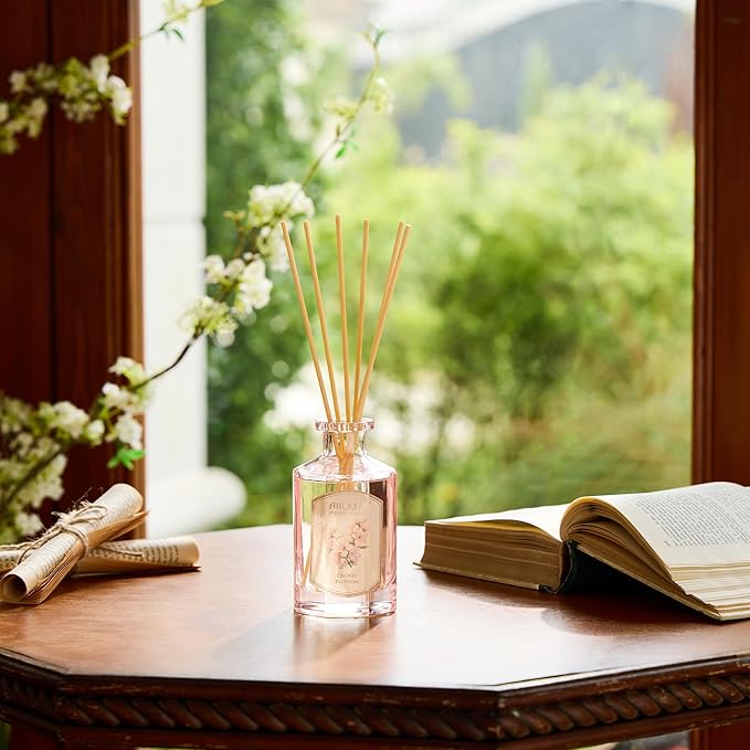 Airkeep Reed Diffuser Set-6.09 oz (180ml) Cherry Blossom Scented Diffuser with 8 Reed Sticks Home Fragrance Oil Diffuser for Bathroom Shelf Decor