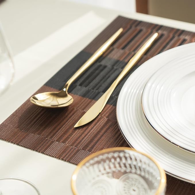 Placemats Set of 12 Vinyl/Plastic Woven Place Mats for Kitchen Table Indoor/Outdoor Washable Placemat Wipeable Dining Table Mats (Ombre Brown Black,12)