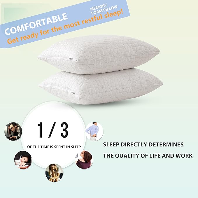 Shredded Memory Foam Pillows - Queen Size Set of 2,Adjustable Bed Pillows for Side Back Stomach Sleepers,Comfy Cooling Pillows for Sleeping with Washable Cover