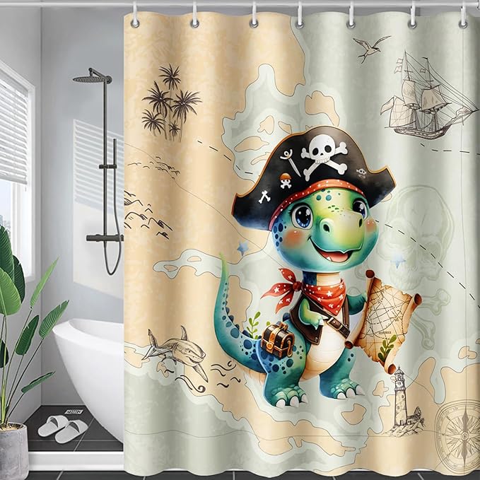 AILONEN Cute Dinosaur Shower Curtain,Ocean Map Nautical Pirate Dinosaur Bath Curtain,Boys Exploring Captain Dinosaur Decoration Kids Curtain with 12 Plastic Hooks,Waterproof 72" W*72" H