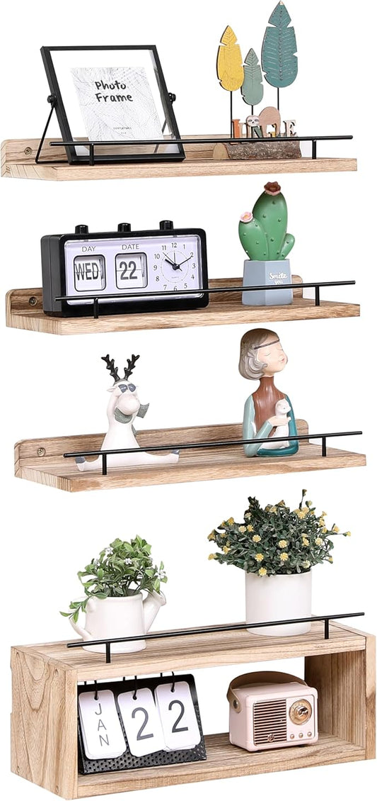 WONFUlity Bathroom Shelves Floating with Over Toilet Paper Holder, Farmhouse Wood Shelves for Living Room, Bedroom, Kitchen, Wall Decor (4 Natural)