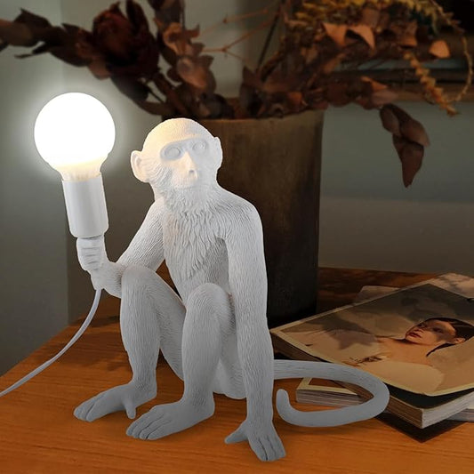 Modern Resin Monkey Wall & Table Lamp - Hemp Rope Pendant Light for Home Decor - Dining, Living Room, Bedroom, Entryway (White)