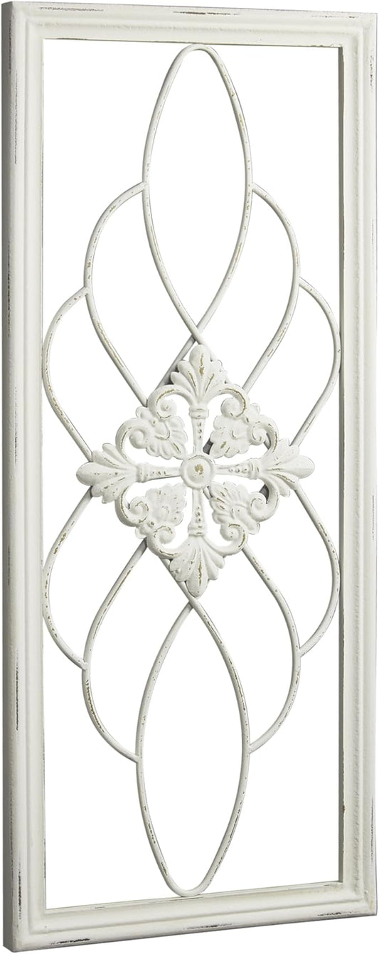 Sintosin Rustic Wood and Metal Wall Art Decor Living Room 14 x 35 Inch, Hanging Distressed White Decorative Vintage Wrought Iron Wall Decor for Living Room Entryway Hallway Bedroom Kitchen