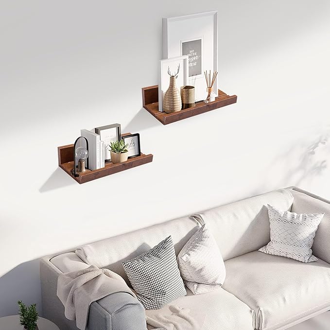 Muzilife 12" Small Floating Wall Ledge Shelves with Lip - Set of 2 Wood Floating Shelves - Honey Brown Wall Mounted Picture Ledge for Office, Bathroom, Bedroom, Living Room, Kitchen