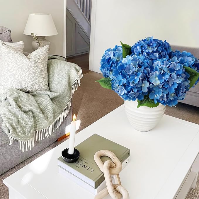 Royal Blue Fake Hydrangea Artificial Flowers, 5Pcs 20Inch Large Lifelike Silk Artificial Hydrangeas, Full Fake Flowers for Bouquet Table Centerpieces Wedding Indoor Home