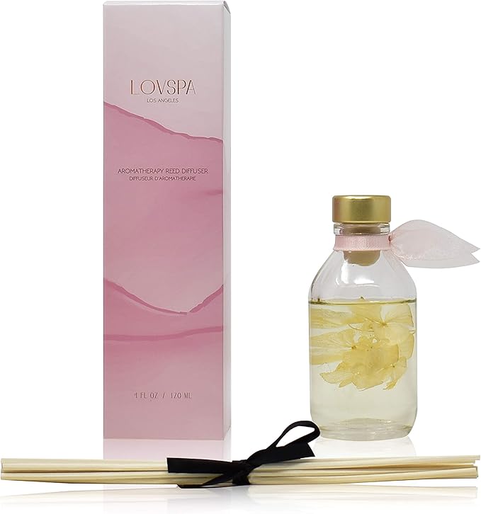 LOVSPA Soothe Tahitian Vanilla Bean Reed Diffuser Set - Vanilla Absolute, Amber & Tonka Bean Essential Oils - Real Hydrangea Flowers in The Bottle - Great Home Gift Idea - Made in The USA