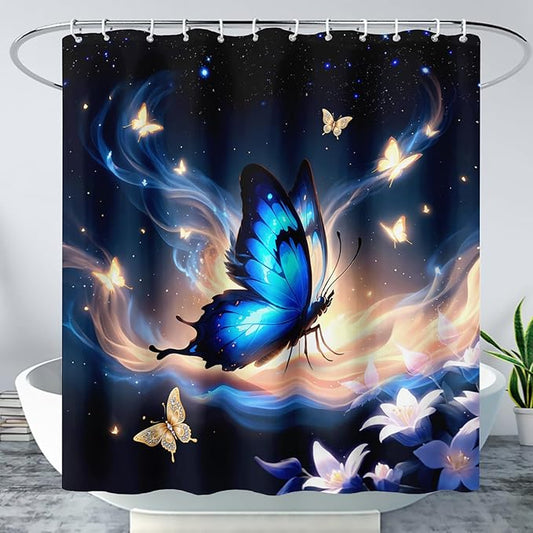 AILONEN Butterfly Shower Curtain,Blue Butterfly Bath Curtain for Girls Kids Women,Glowing Starry Flower Butterfly Decoration Bathroom Waterproof Curtain with 12 Plastic Hooks, 72" W*96" H