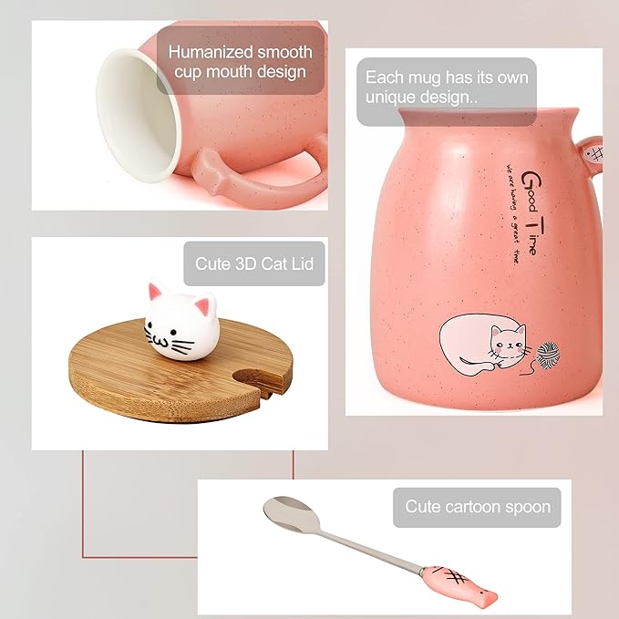 SHENDONG Cute Cat Mug - Novelty Mug for Cat Lovers, Kawaii Kitty Lid & Spoon, Japanese Style Pink, 15OZ