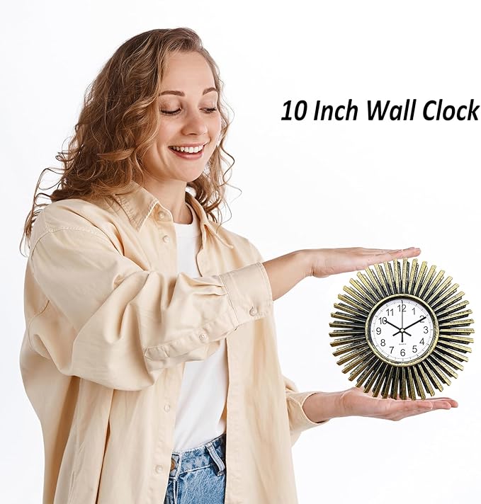 Small Wall Clock 10 Inch, Bronze Analog Battery Operated Wall Clock Vintage Starburst Decorative Clock for Living Room Decor, Bathroom, Kitchen, Office