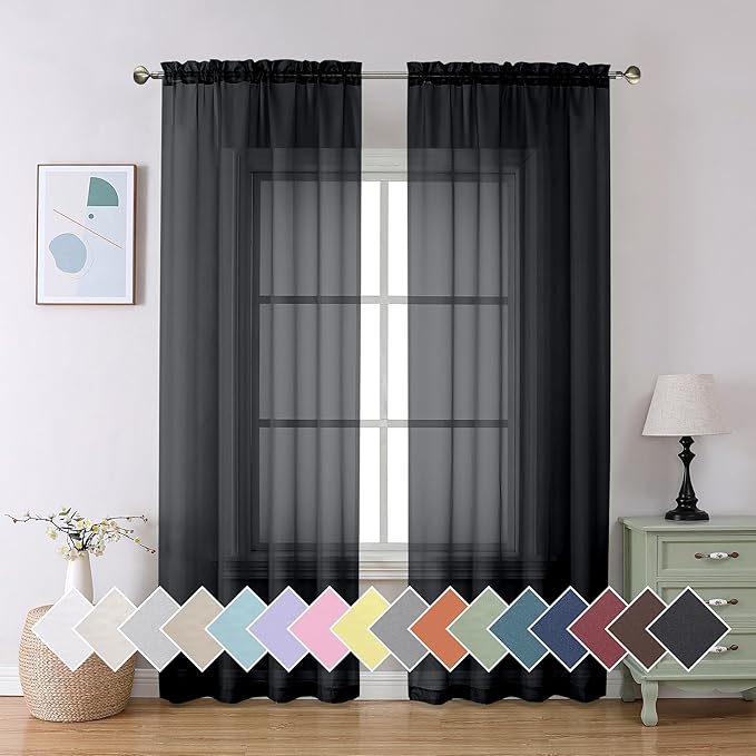Aiyufeng Black Sheer Curtains 90" Long for Living Room Windows, Voile Sheer Casual Light Filtering Window Curtain Drapes for Bedroom, 42" Wide, Set of 2