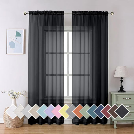 Aiyufeng Black Sheer Curtains 90" Long for Living Room Windows, Voile Sheer Casual Light Filtering Window Curtain Drapes for Bedroom, 42" Wide, Set of 2